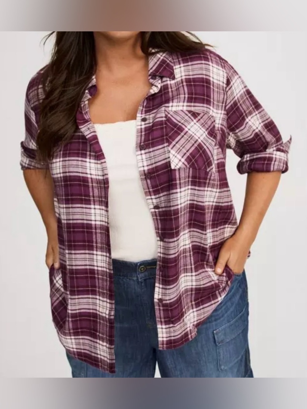 #x635 - Torrid Lizzie Brushed Rayon Long Sleeve Flannel Shirt Sassafras Plaid